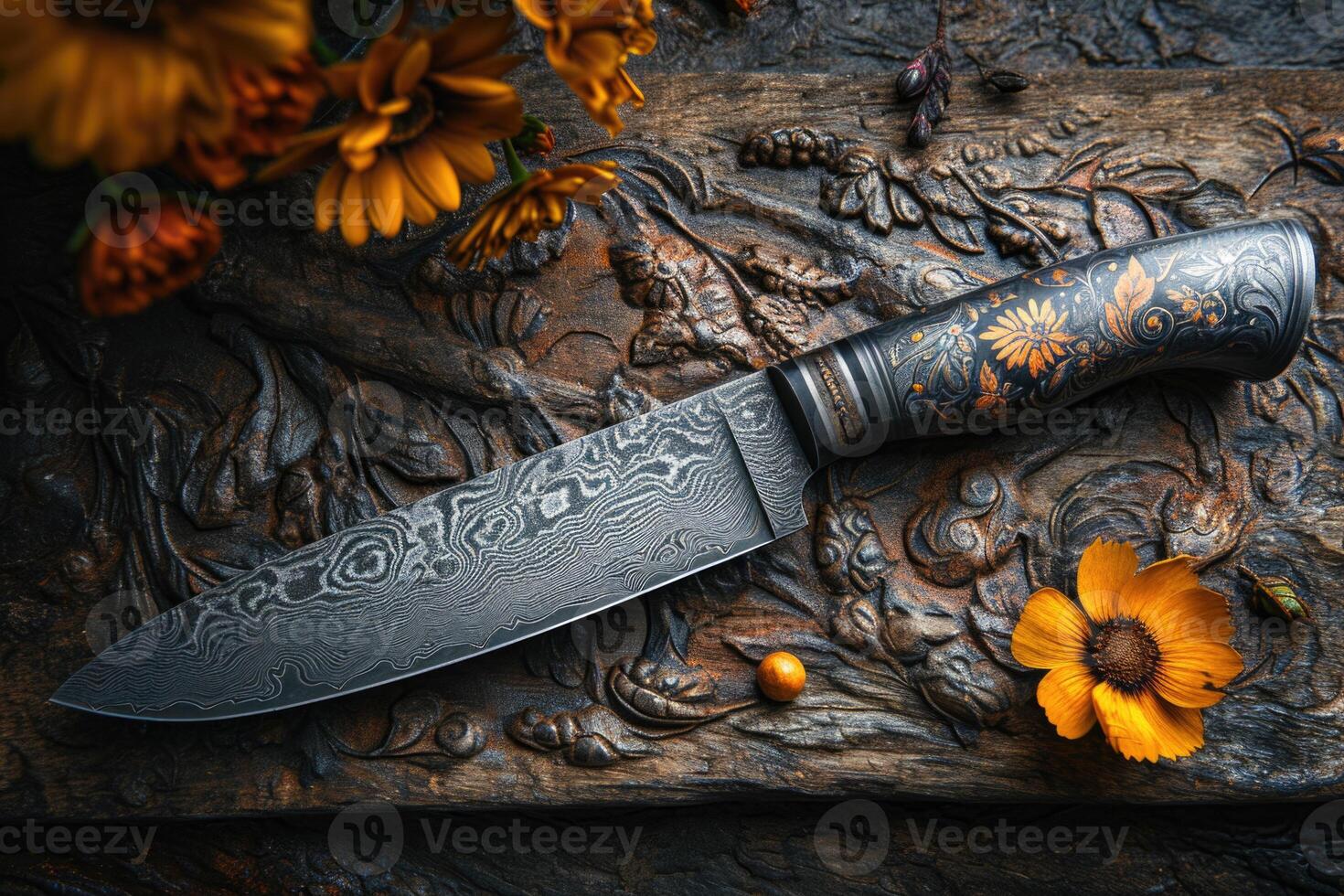 AI generated One Stylish Damascus steel kitchen knife on a wooden board photo