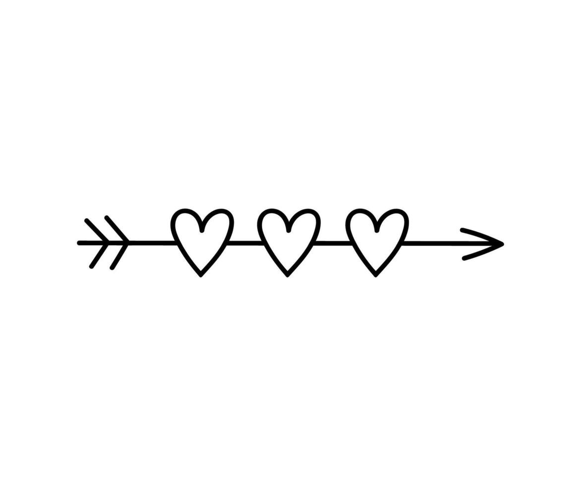 Cute doodle arrow with hearts isolated on white background. Vector hand-drawn illustration. Perfect for Valentine's Day designs, cards, invitations, decorations.