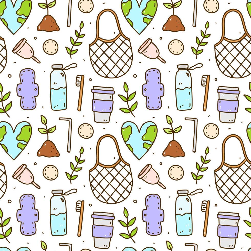 Cute seamless pattern with recycle and reusable products - glass water bottle, coffee cup, mesh bag, textile pads and cotton pads, menstrual cup and others. Zero waste,Save the Planet, ecology concept vector