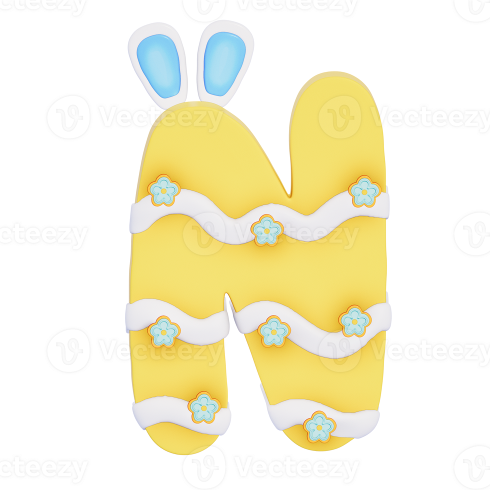Easter bunny holiday alphabet N with cute decoration on transparent background , 3D Rendering png