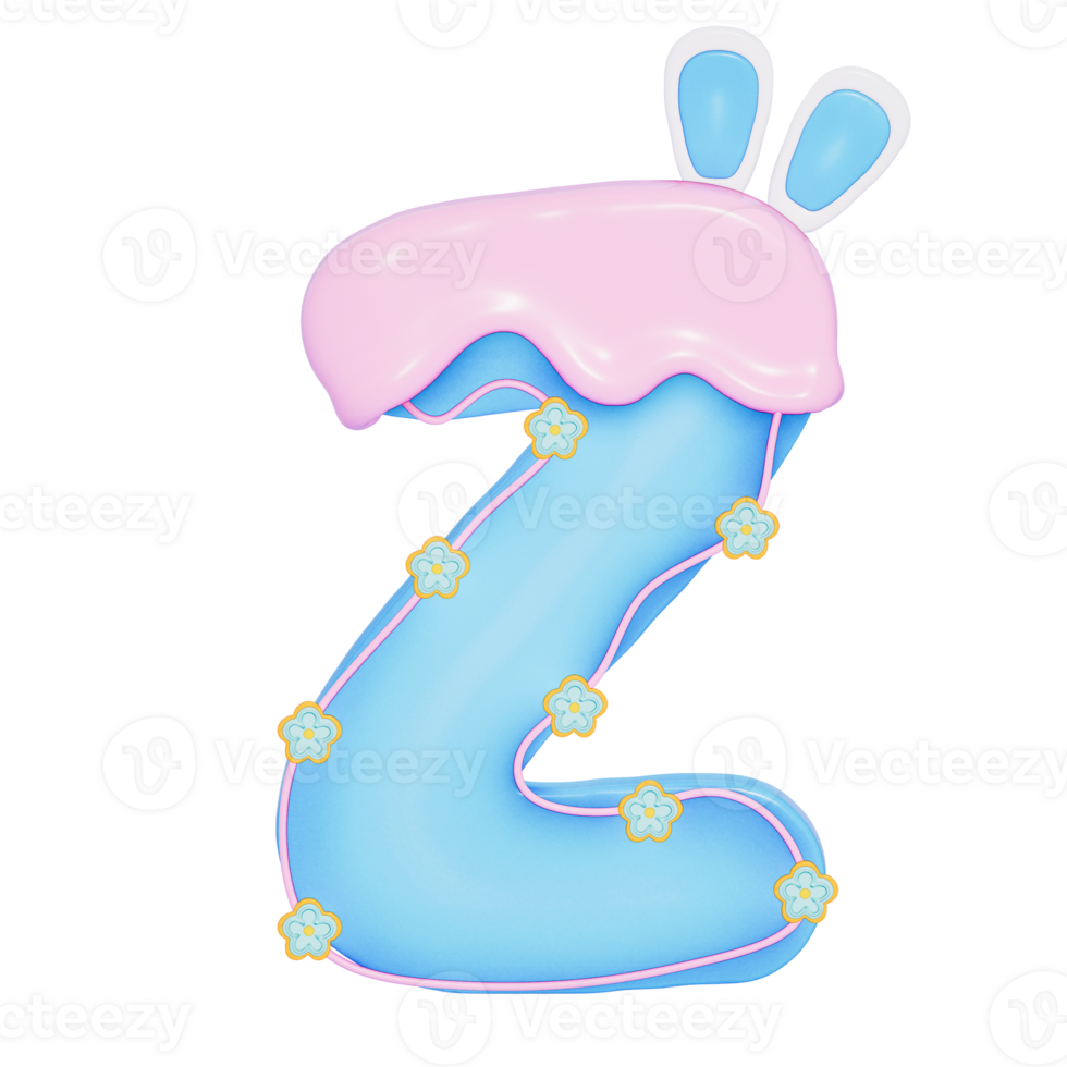 Easter bunny holiday alphabet Z with cute decoration on transparent background , 3D Rendering png