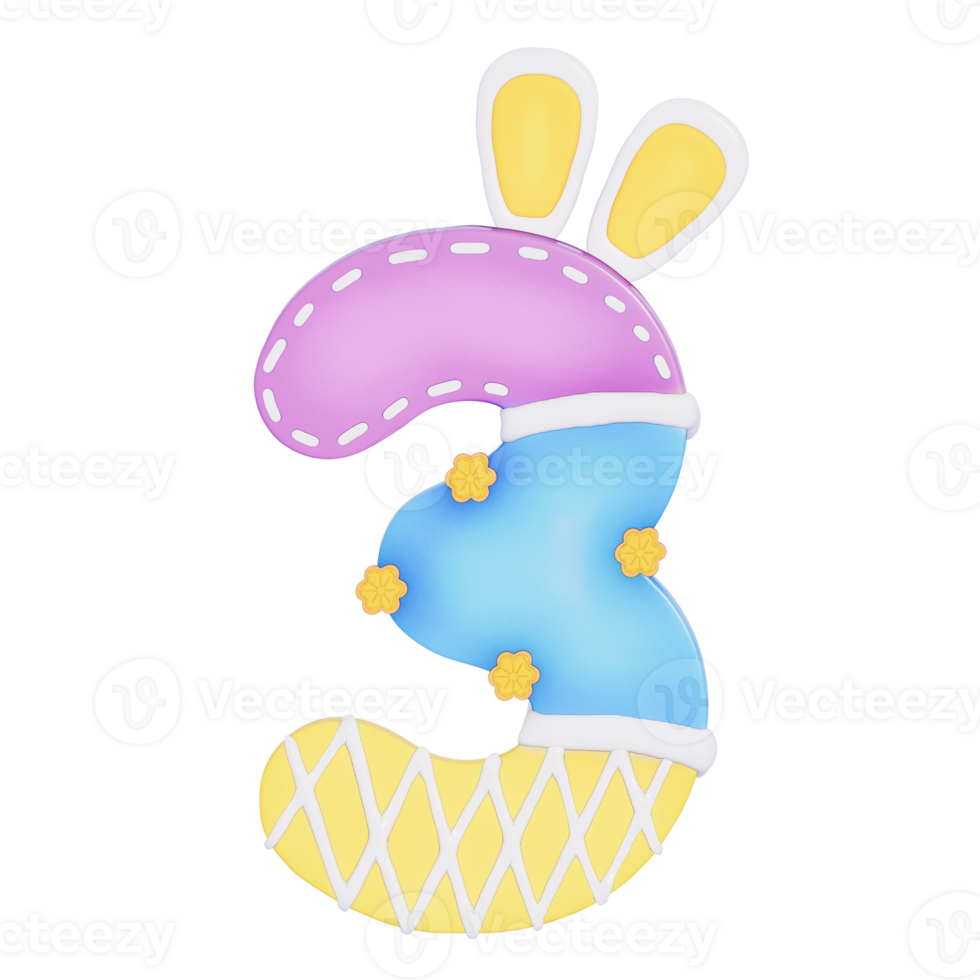 Easter bunny holiday number 3 with cute decoration on transparent background , 3D Rendering png
