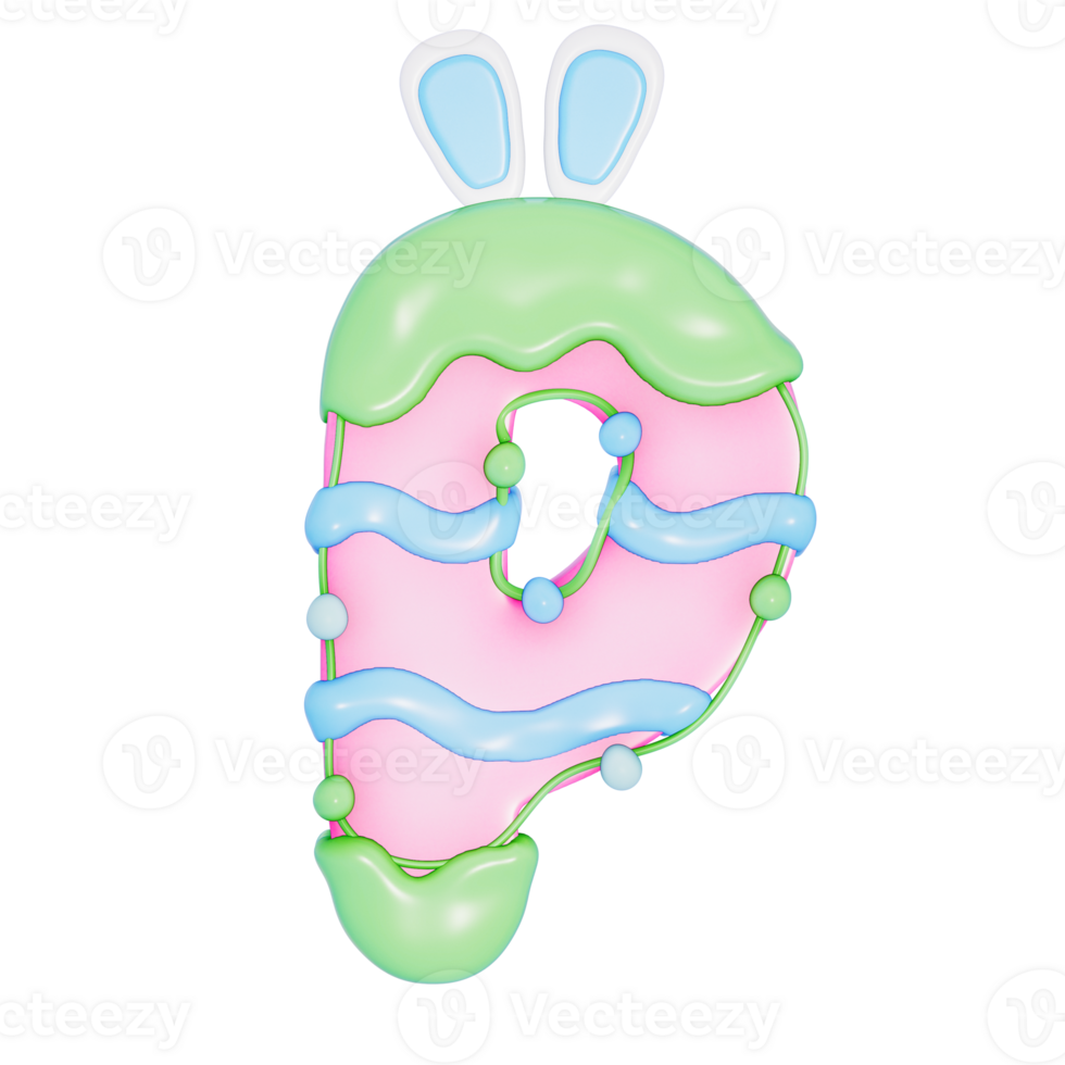Easter bunny holiday alphabet P with cute decoration on transparent background , 3D Rendering png