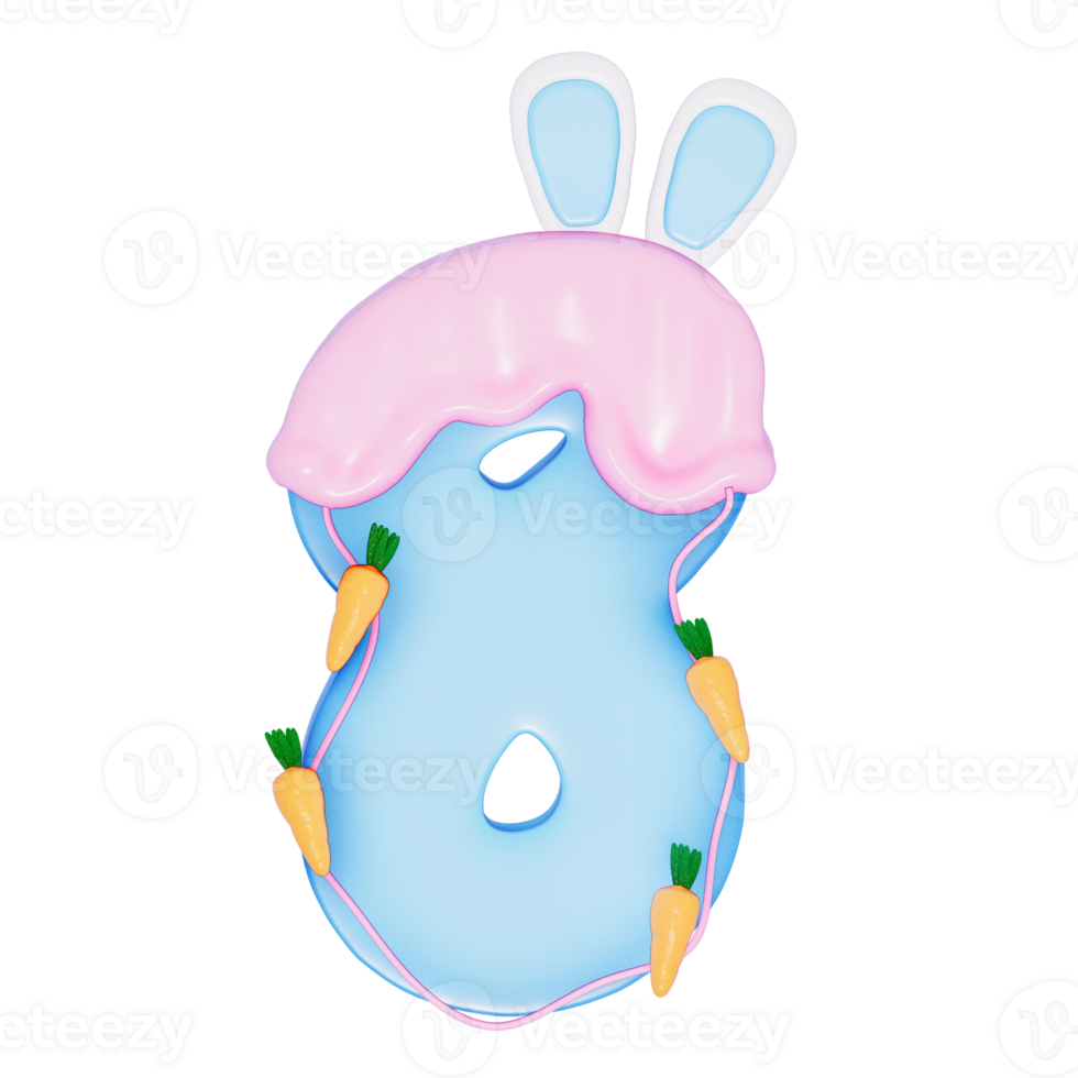 Easter bunny holiday number 8 with cute decoration on transparent background , 3D Rendering png