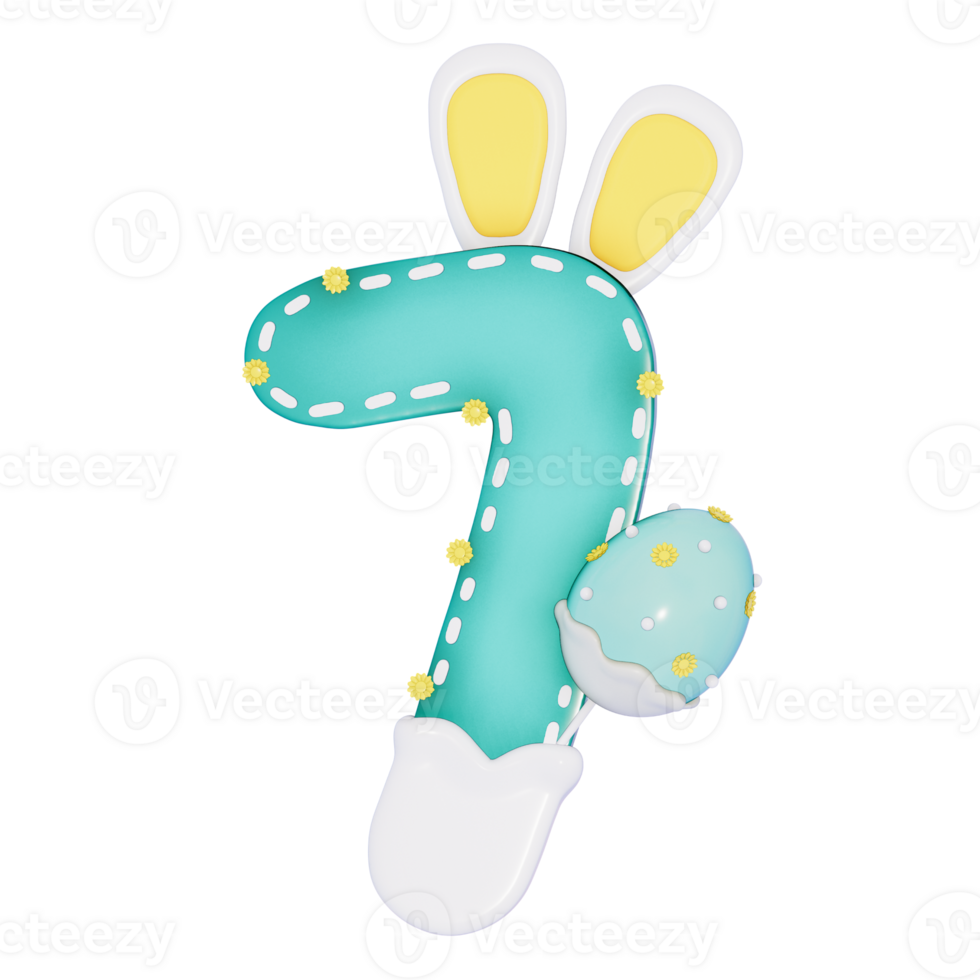 Easter bunny holiday number 7 with cute decoration on transparent background , 3D Rendering png