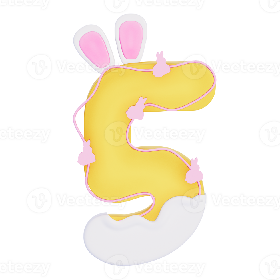 Easter bunny holiday number 5 with cute decoration on transparent background , 3D Rendering png