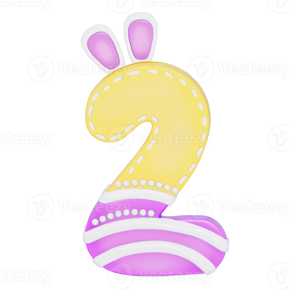 Easter bunny holiday number 2 with cute decoration on transparent background , 3D Rendering png