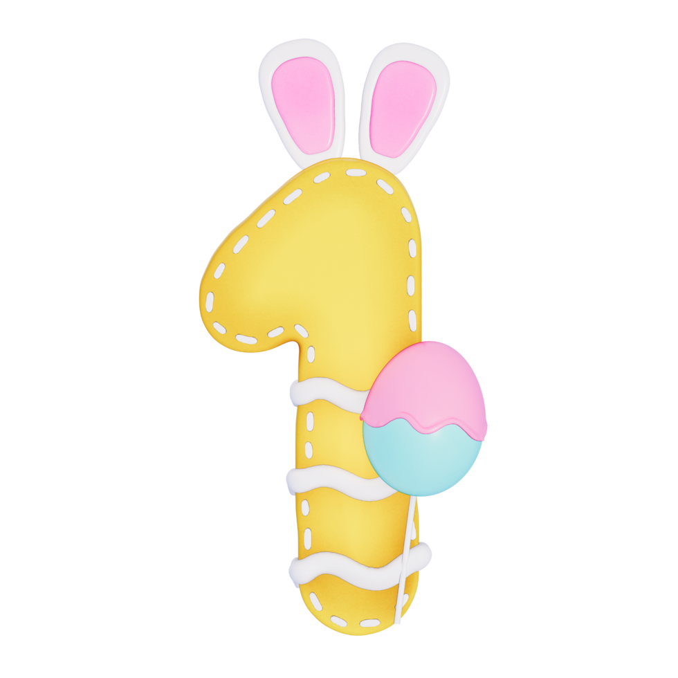 Easter bunny holiday number 1 with cute decoration on transparent background , 3D Rendering png