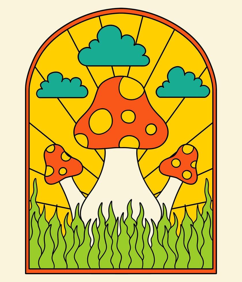 Groovy poster 70s. Cartoon psychedelic landscape. Vector illustration