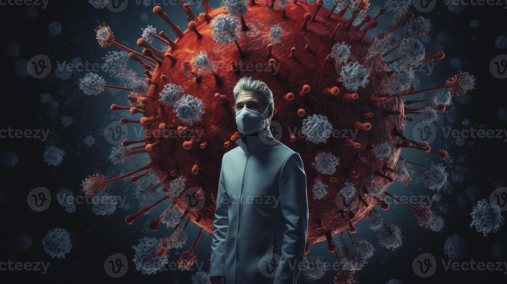 AI generated Virus in space around a man. A human surrounded by infection and bacteria. Corona or covid threat illustration. Pandemic risk. photo