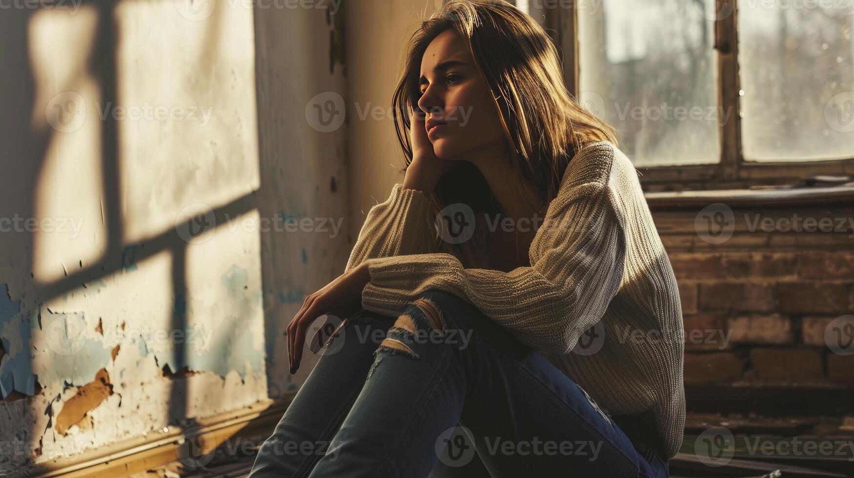AI generated Women sitting on the floor with depression, family problems, Domestic violence, Stop violence and abuse ,sexual abuse, human trafficking, rape, The concept of depression and suicide photo