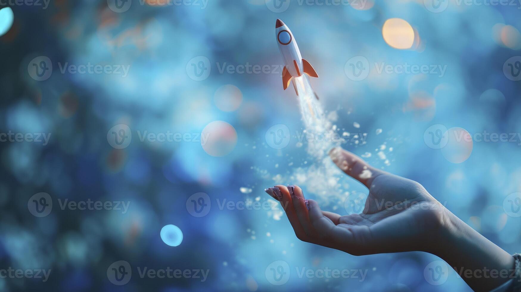 AI generated Cosmic Exploration. Space Rocket Launching from Womans Hand against Blue Blurry Background photo