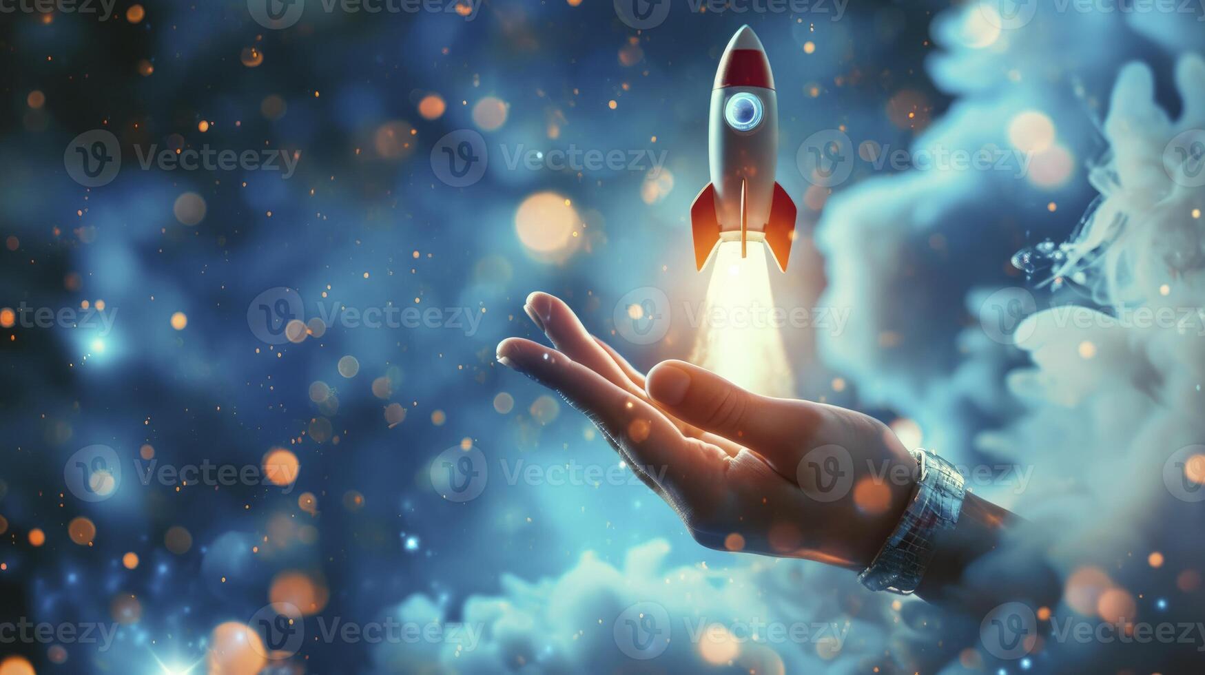 AI generated Cosmic Exploration. Space Rocket Launching from Womans Hand against Blue Blurry Background photo