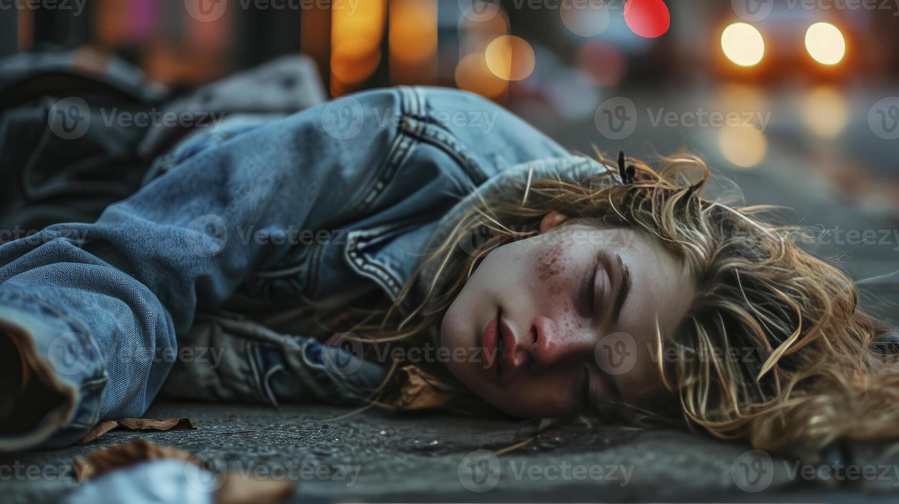 AI generated Young girl addicted to opiates lying on the street - modern fentanyl epidemic concept photo