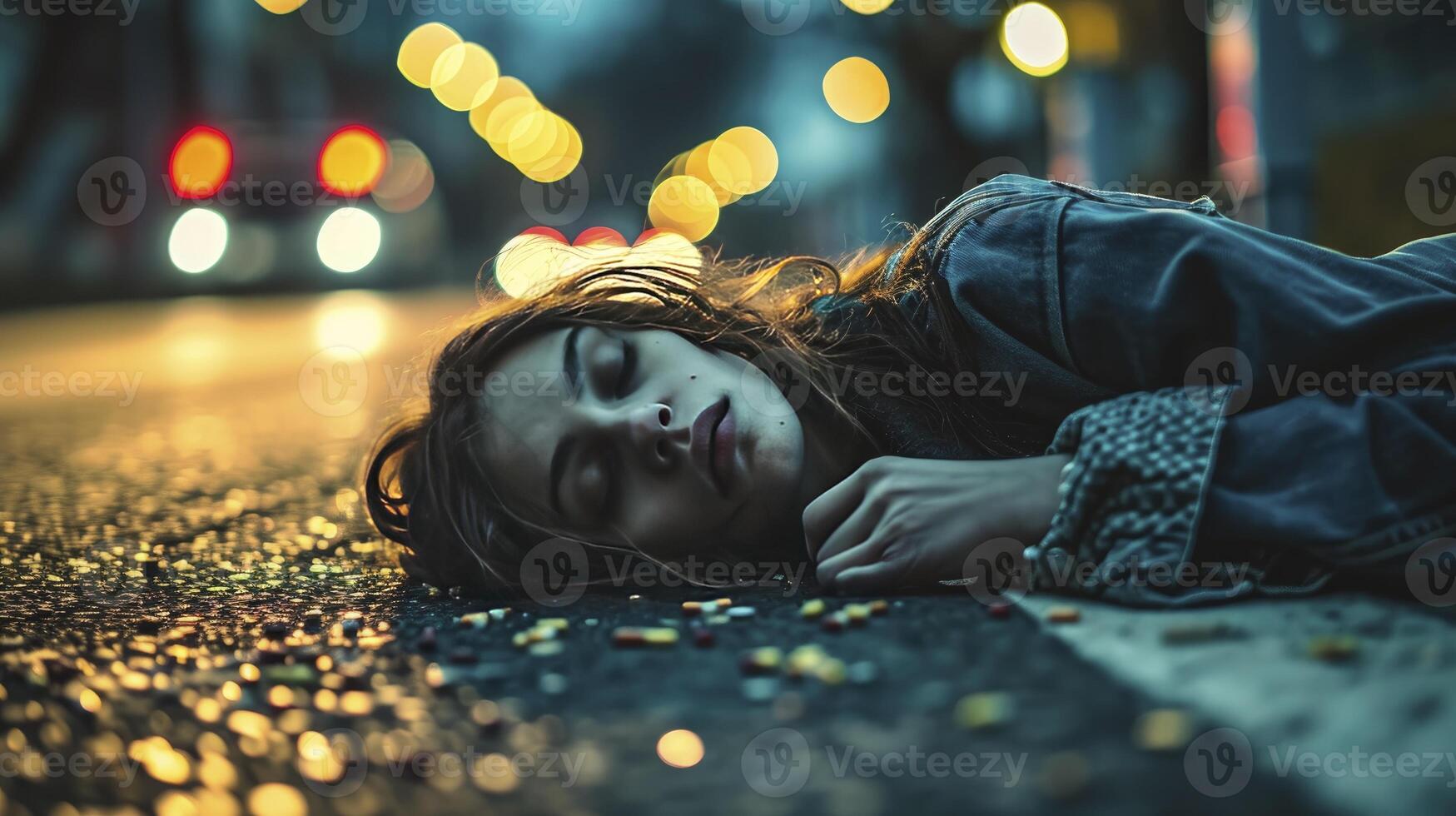 AI generated Young girl addicted to opiates lying on the street - modern fentanyl epidemic concept photo