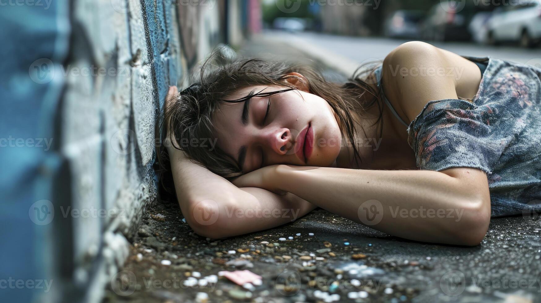 AI generated Young girl addicted to opiates lying on the street - modern fentanyl epidemic concept photo