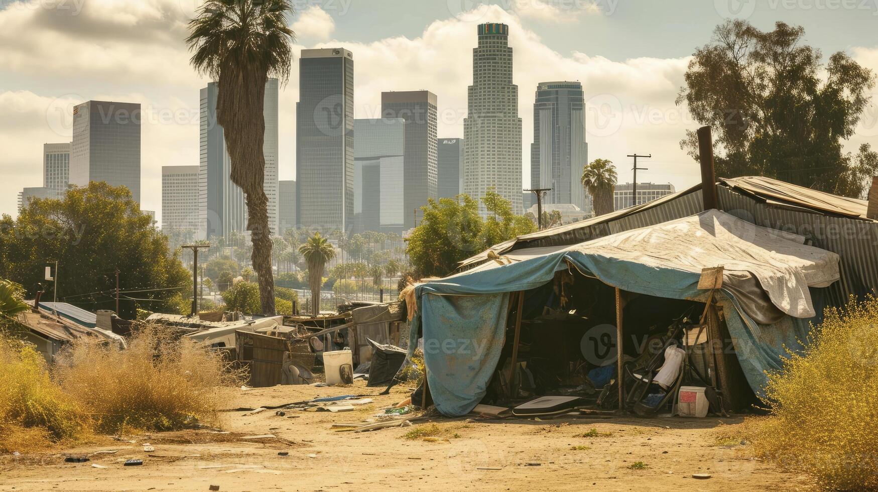 AI generated Refugee camp shelter for homeless in front of Los Angeles City Skyline photo