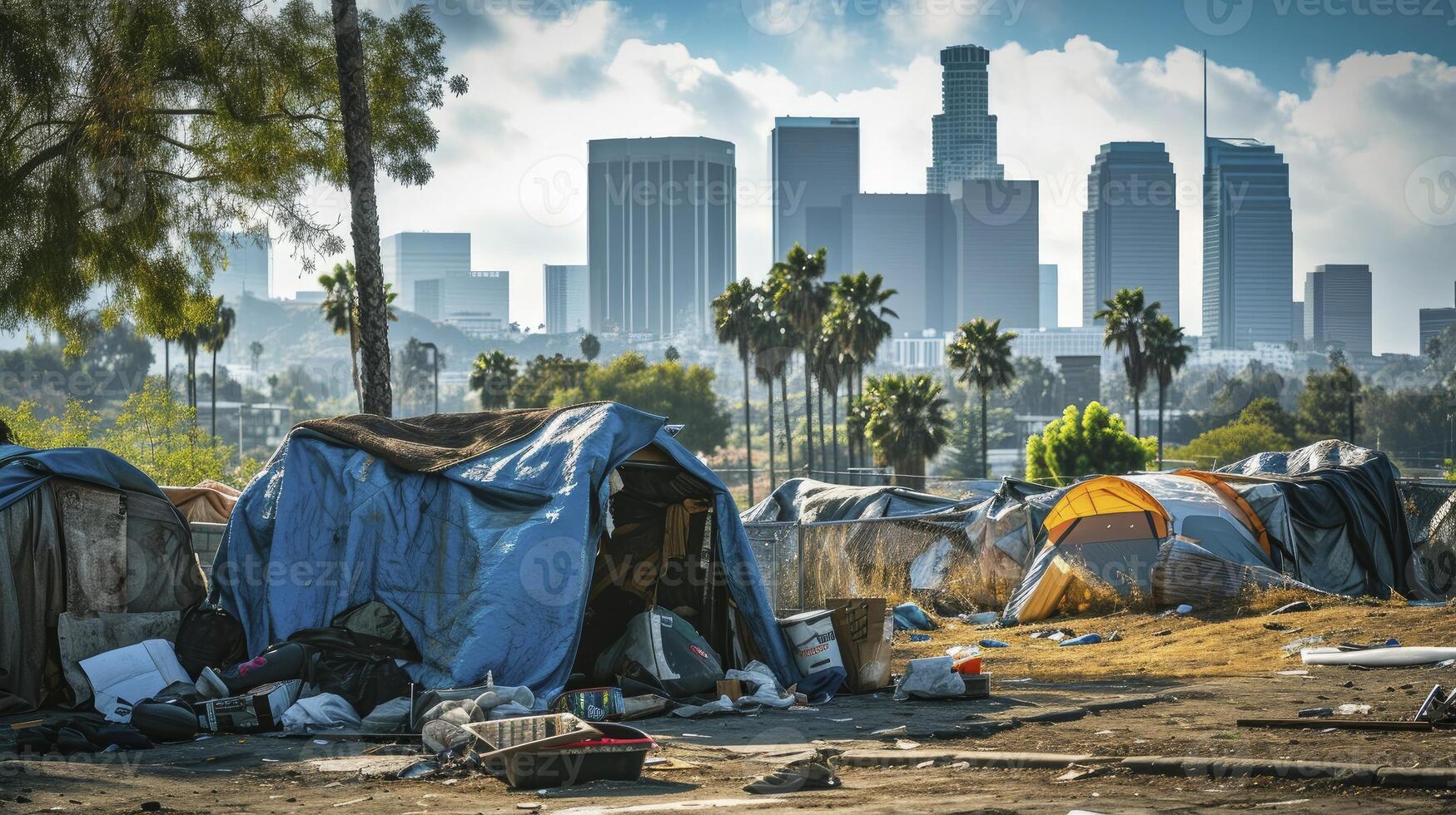 ai generado refugiado acampar abrigo para Vagabundo en frente de los angeles ciudad horizonte foto