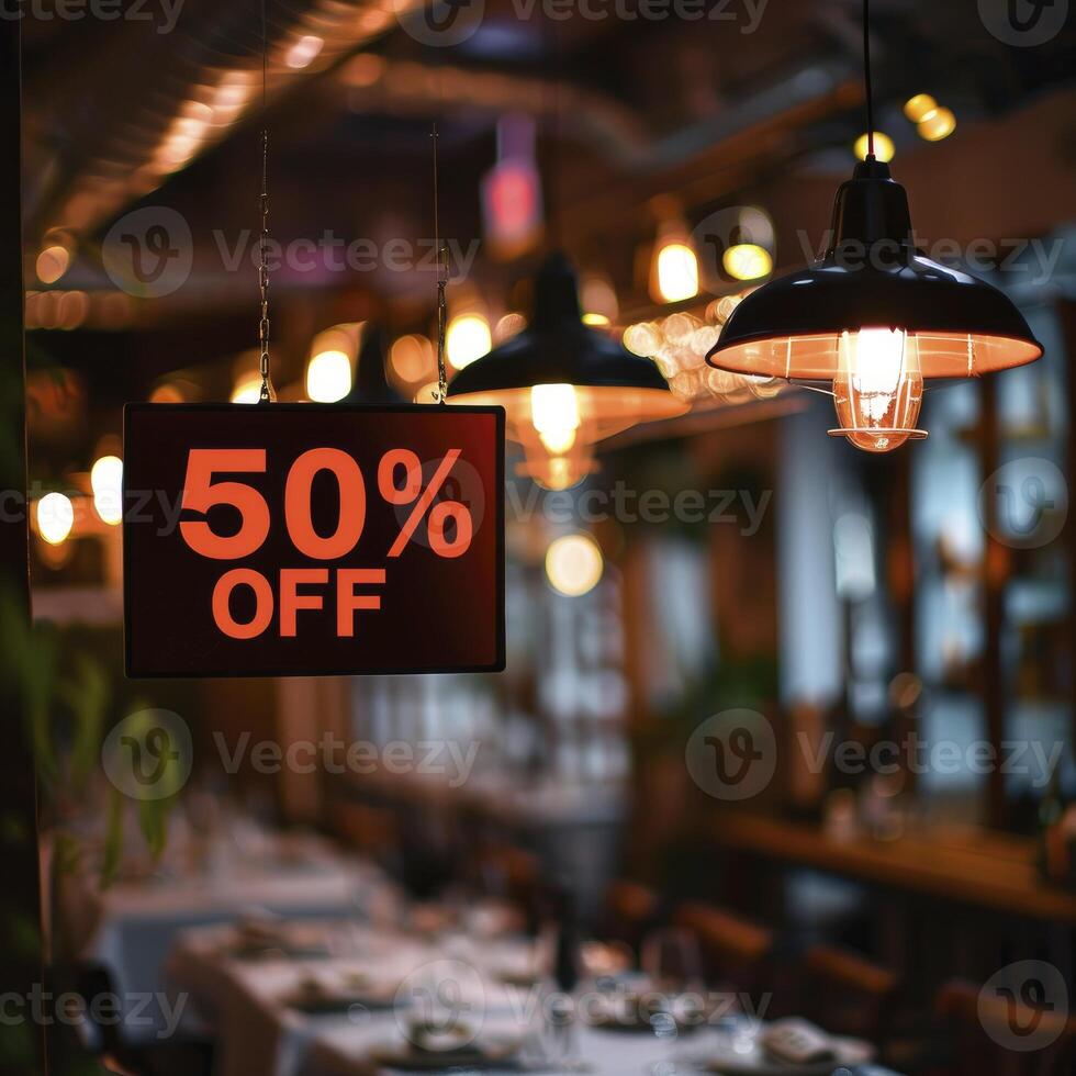 AI generated Sign with the text 50 off at the restaurant photo