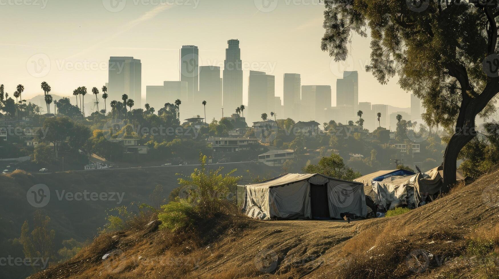 AI generated Refugee camp shelter for homeless in front of Los Angeles City Skyline photo