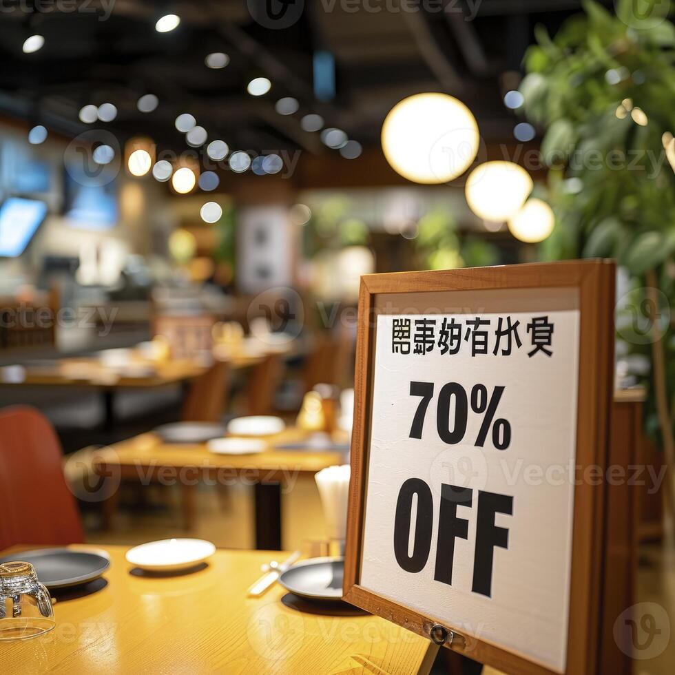 AI generated Sign with the text 70 off at the restaurant photo