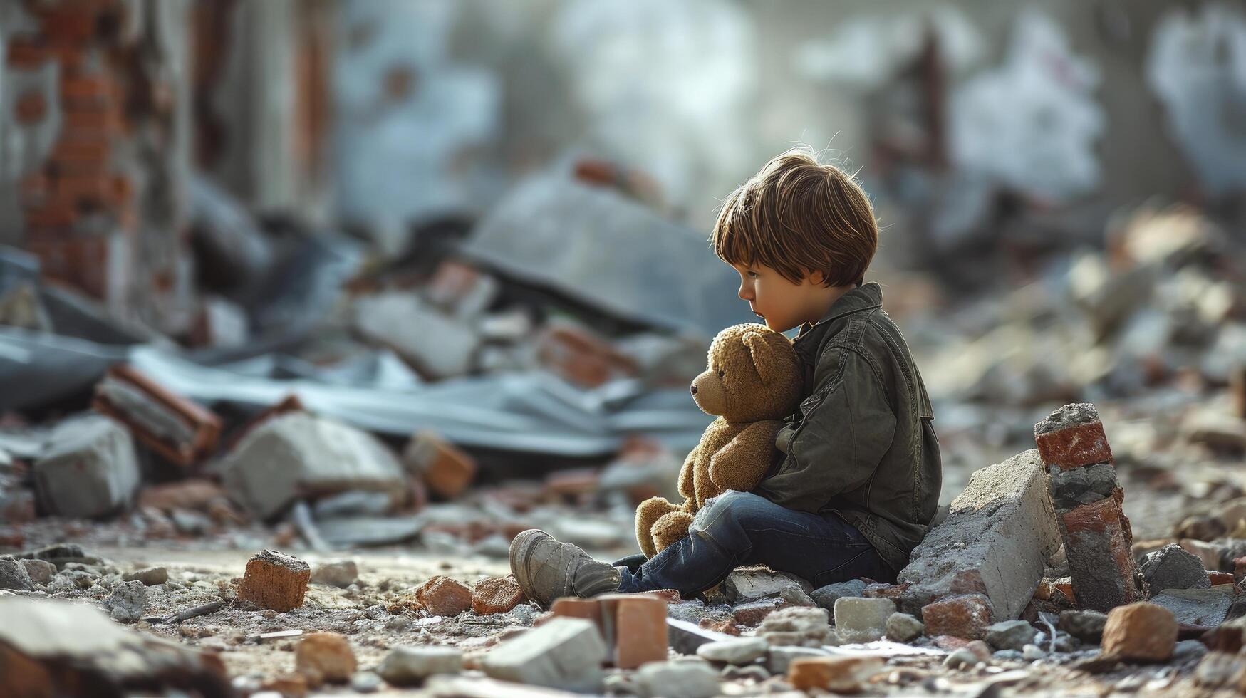 ai generado irreconocible niño afectado por guerra, niño con osito de peluche oso solo en el medio de terremoto o bomba explosión destrucción, triste pequeño chico en destruido ciudad con un juguete foto