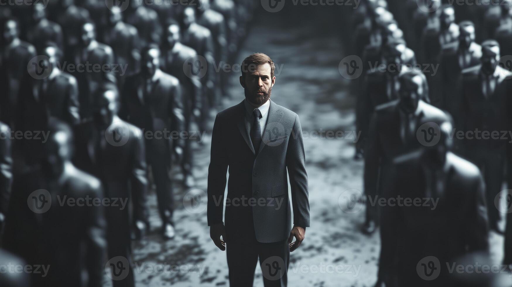 AI generated A man in business attire, standing with a look of quiet resolve amidst a sea of faceless, uniform figures. Individuality versus conformity concept photo