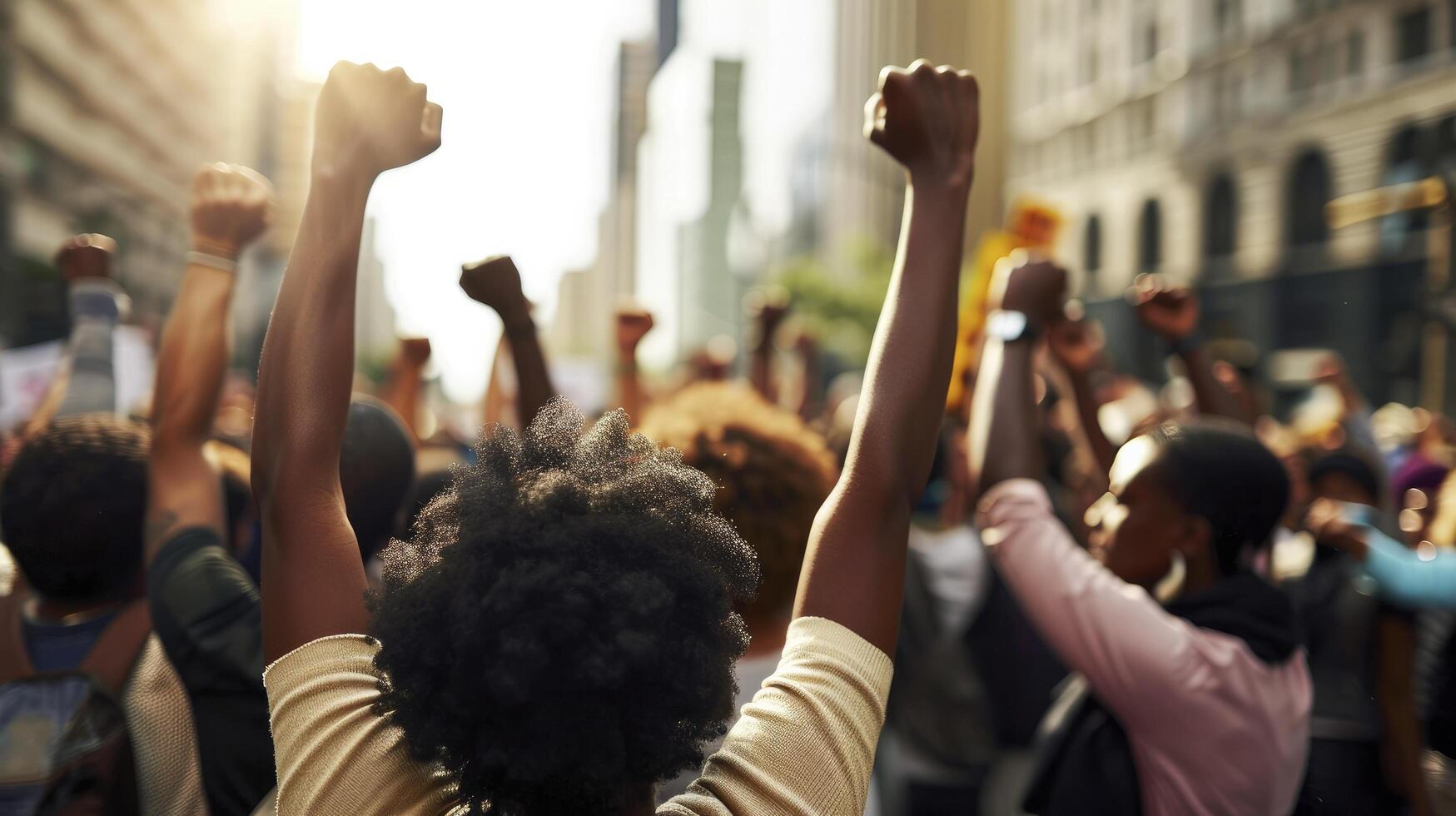 AI generated African American people in a crowd fighting and protesting in the street with raised fists against racism and racial discrimination, for change, freedom, justice and equality, photo