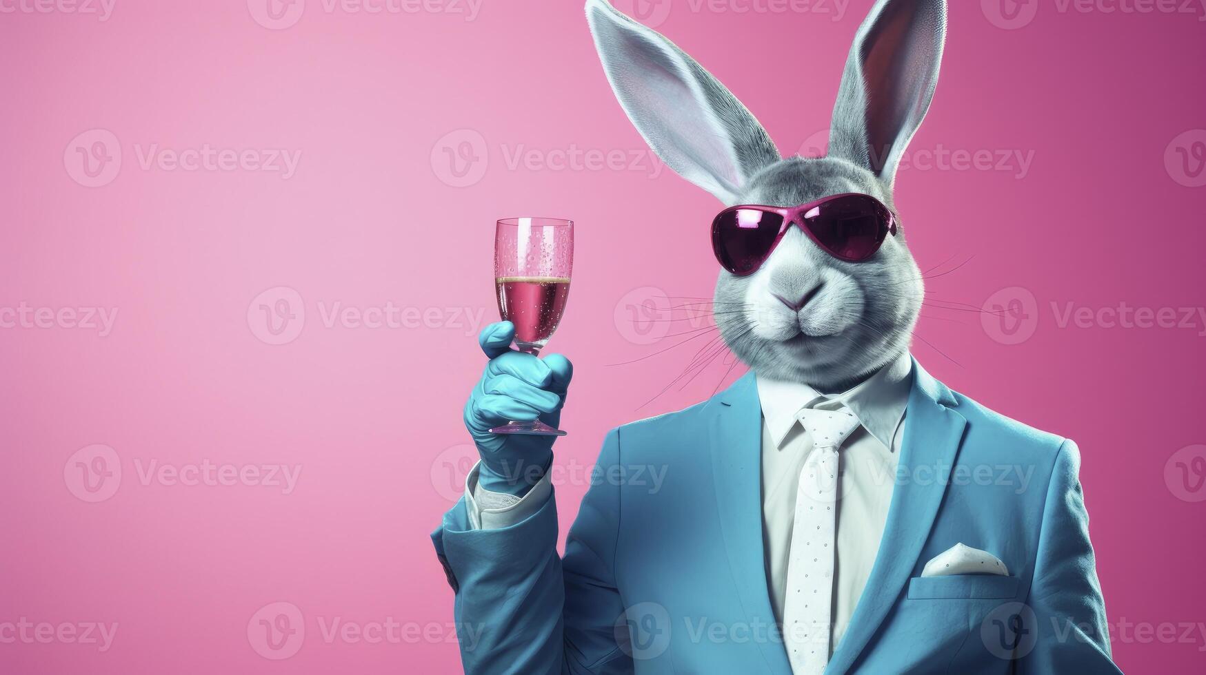 AI generated A rabbit holding up a glass of wine in the Party. photo