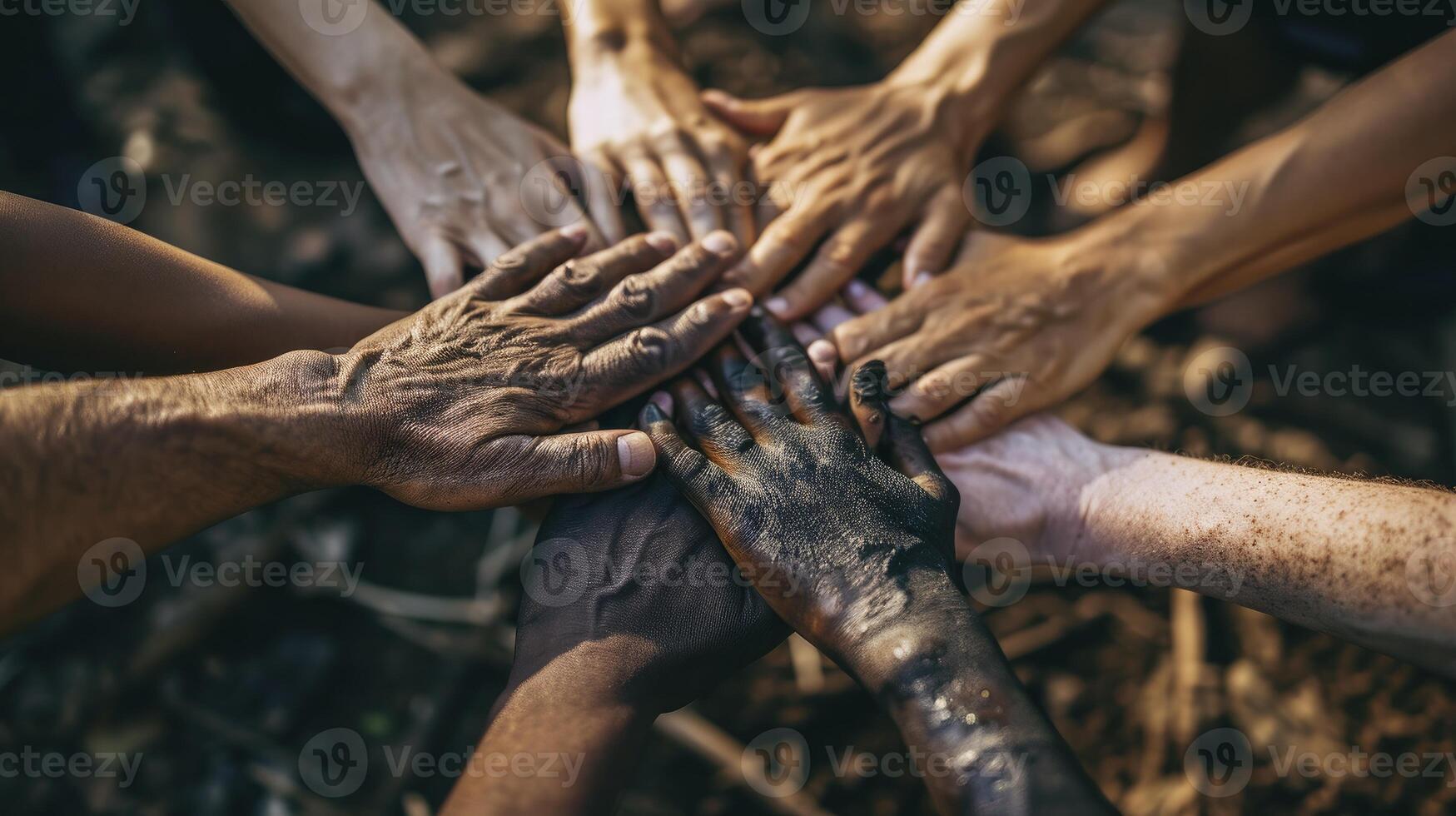 ai generado un diverso manos viniendo juntos en un símbolo de unidad, enfatizando el importancia de armonía entre personas foto