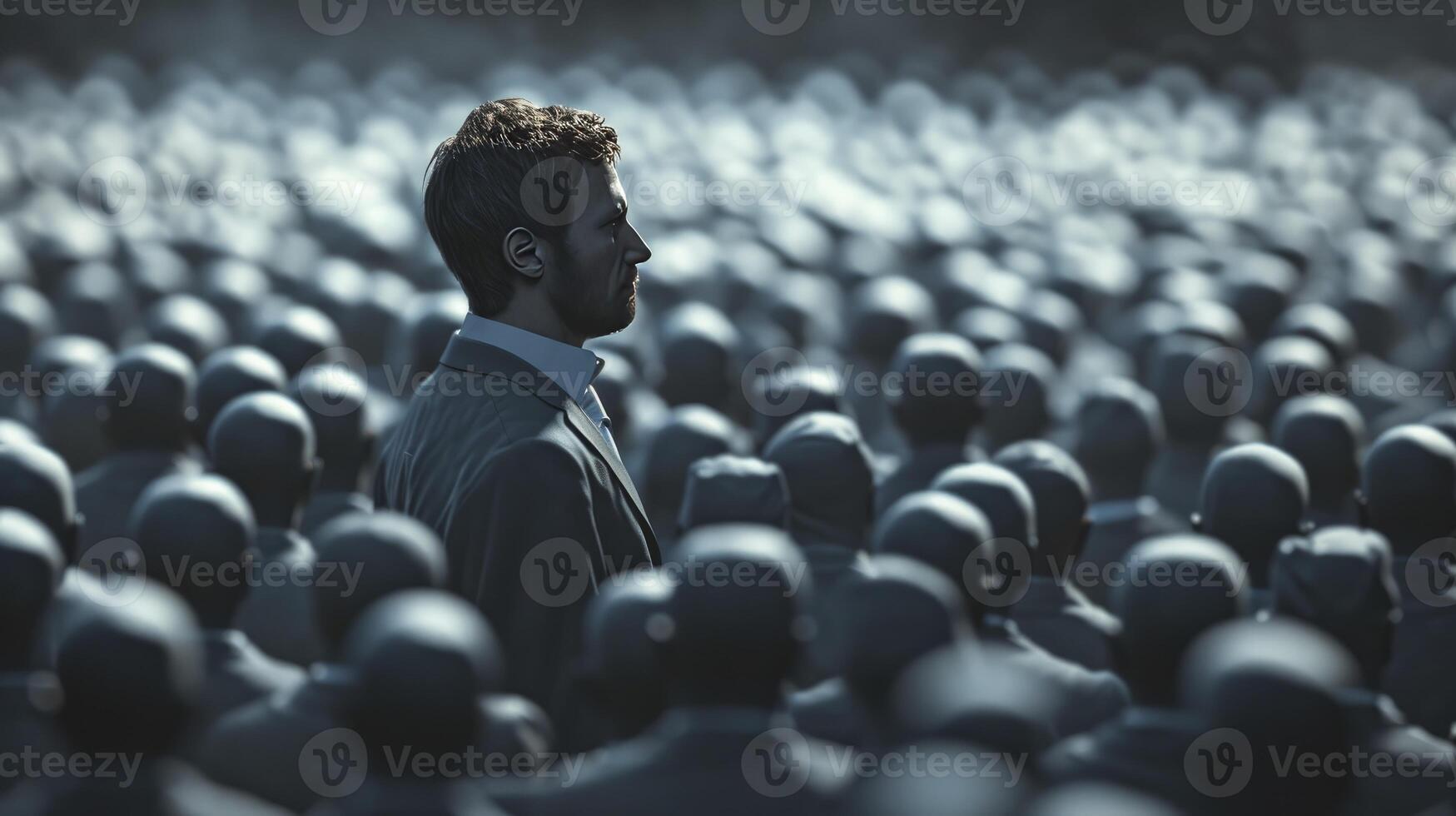 AI generated A man in business attire, standing with a look of quiet resolve amidst a sea of faceless, uniform figures. Individuality versus conformity concept photo