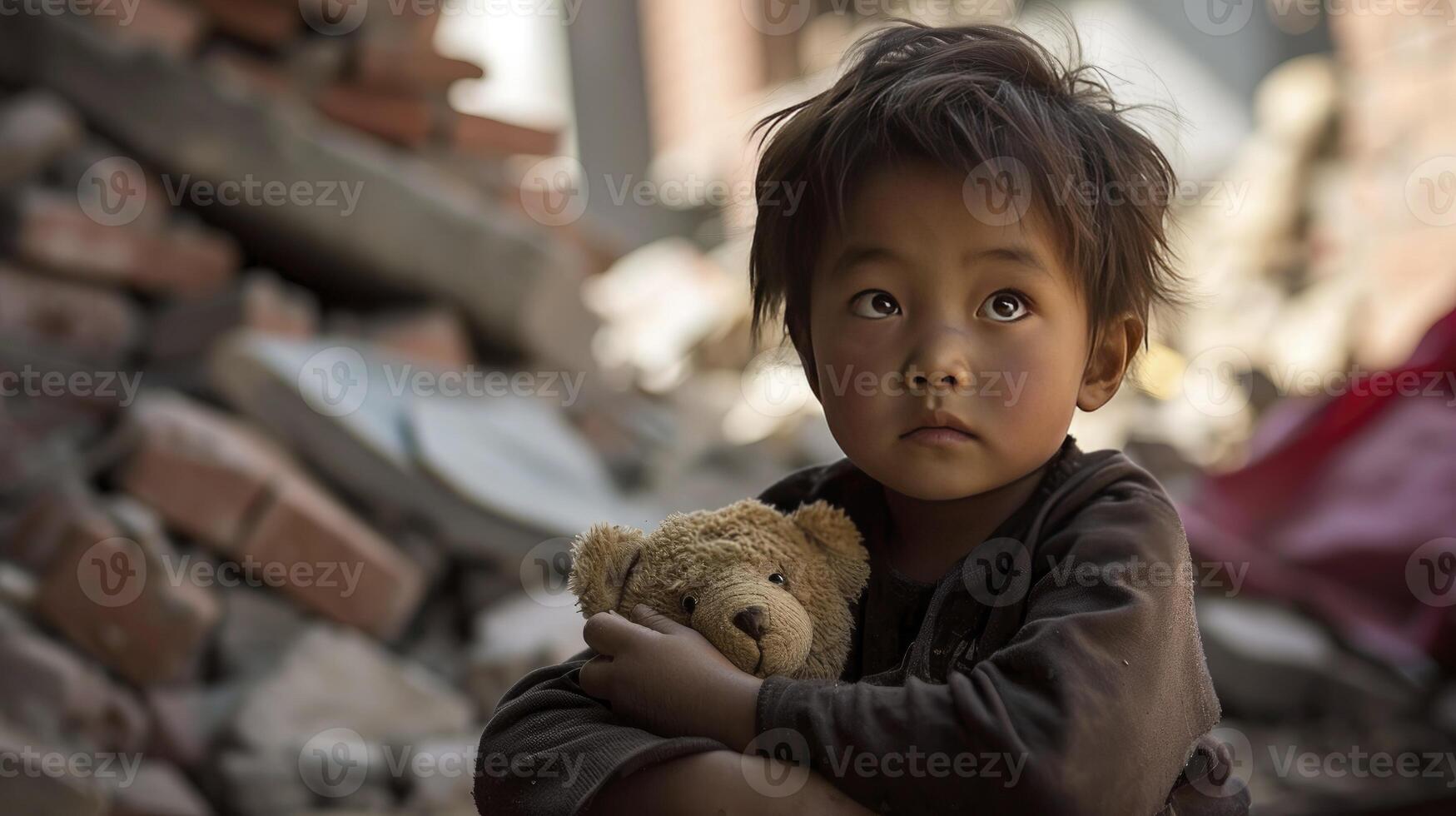 AI generated Unrecognizable kid affected by war, child with teddy bear alone in the middle of earthquake or bomb explosion destruction, sad little boy in destroyed city with a toy photo