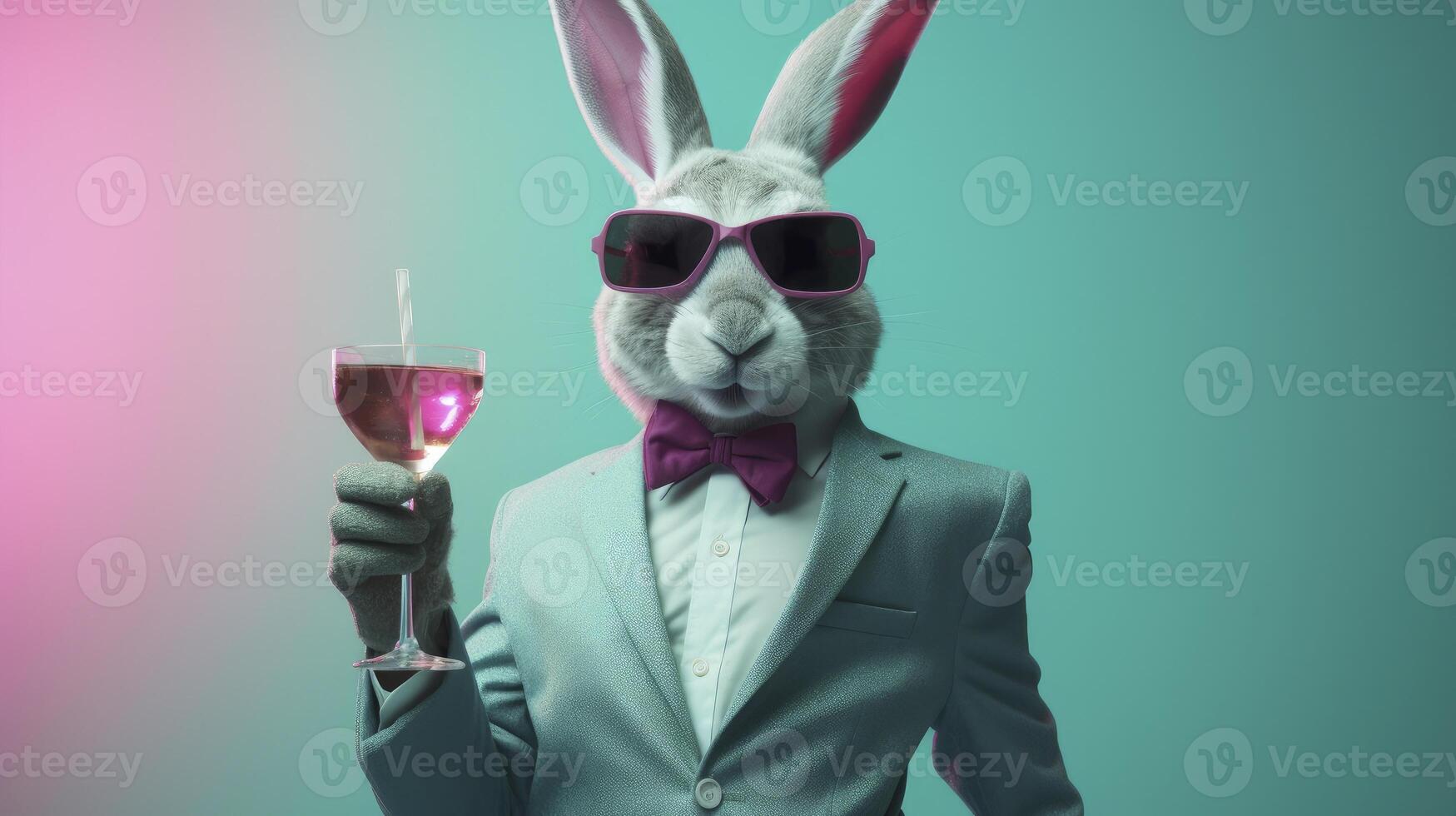 AI generated A rabbit holding up a glass of wine in the Party. photo