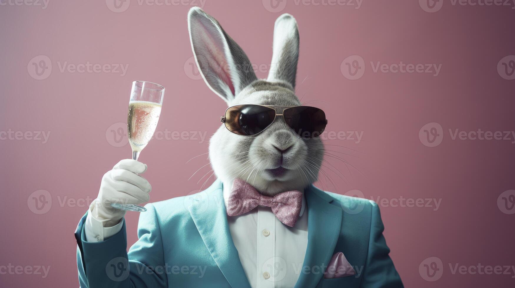 AI generated A rabbit holding up a glass of wine in the Party. photo