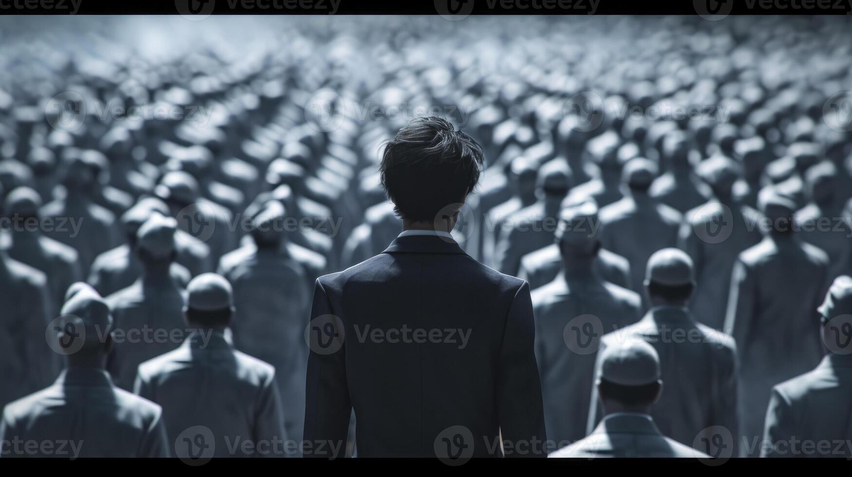 AI generated A man in business attire, standing with a look of quiet resolve amidst a sea of faceless, uniform figures. Individuality versus conformity concept photo