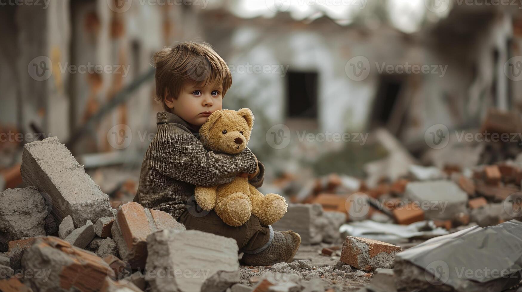 AI generated Unrecognizable kid affected by war, child with teddy bear alone in the middle of earthquake or bomb explosion destruction, sad little boy in destroyed city with a toy photo