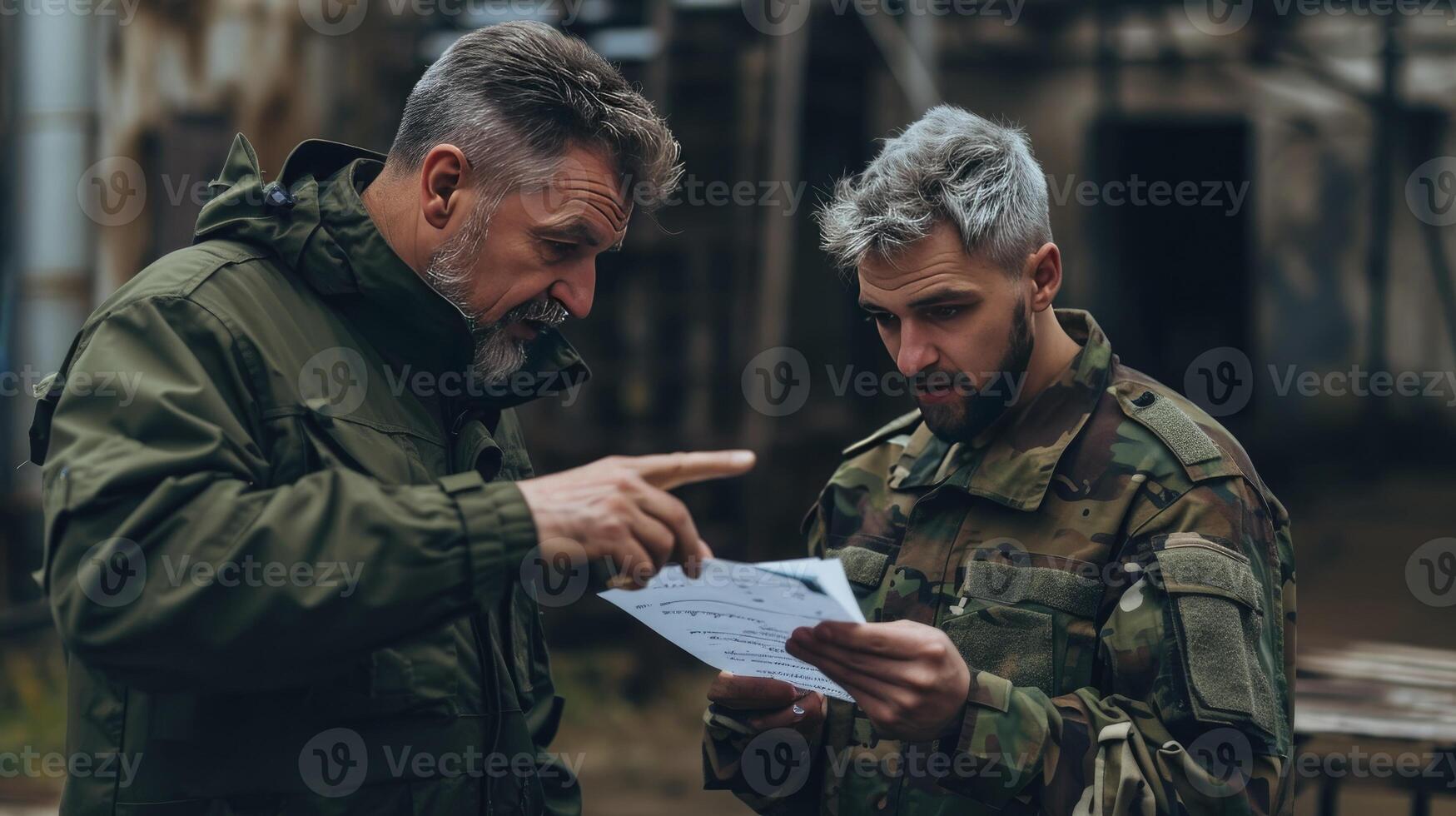 AI generated Confident mature coach of military training pointing at notes of student while standing next to him and checking points of lecture photo