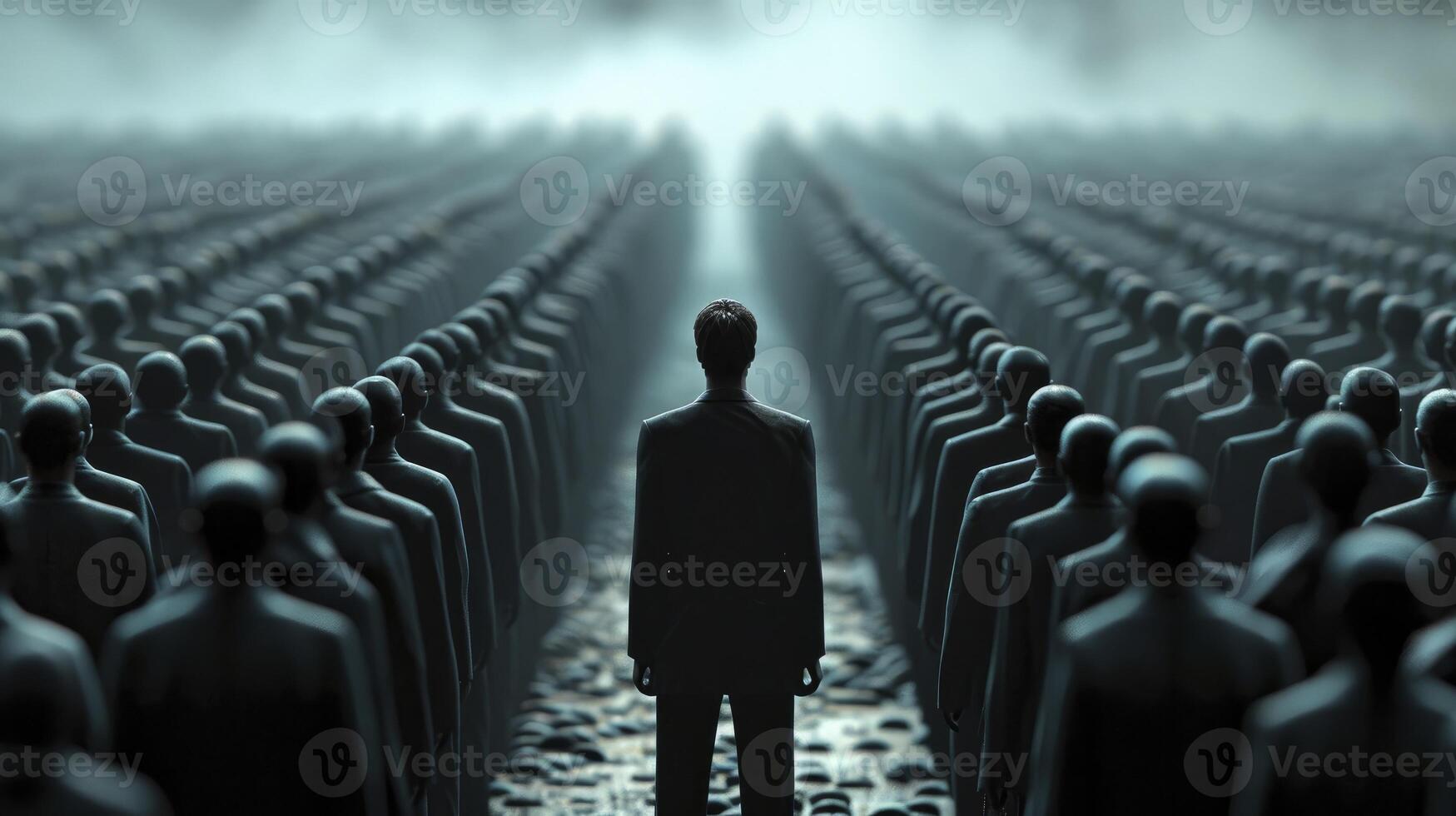 AI generated A man in business attire, standing with a look of quiet resolve amidst a sea of faceless, uniform figures. Individuality versus conformity concept photo