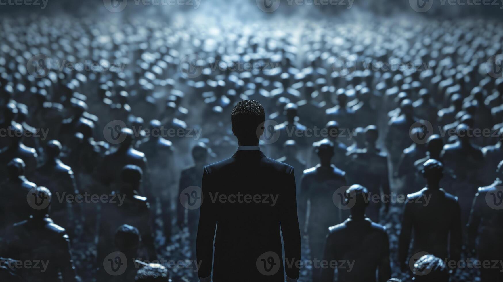 AI generated A man in business attire, standing with a look of quiet resolve amidst a sea of faceless, uniform figures. Individuality versus conformity concept photo