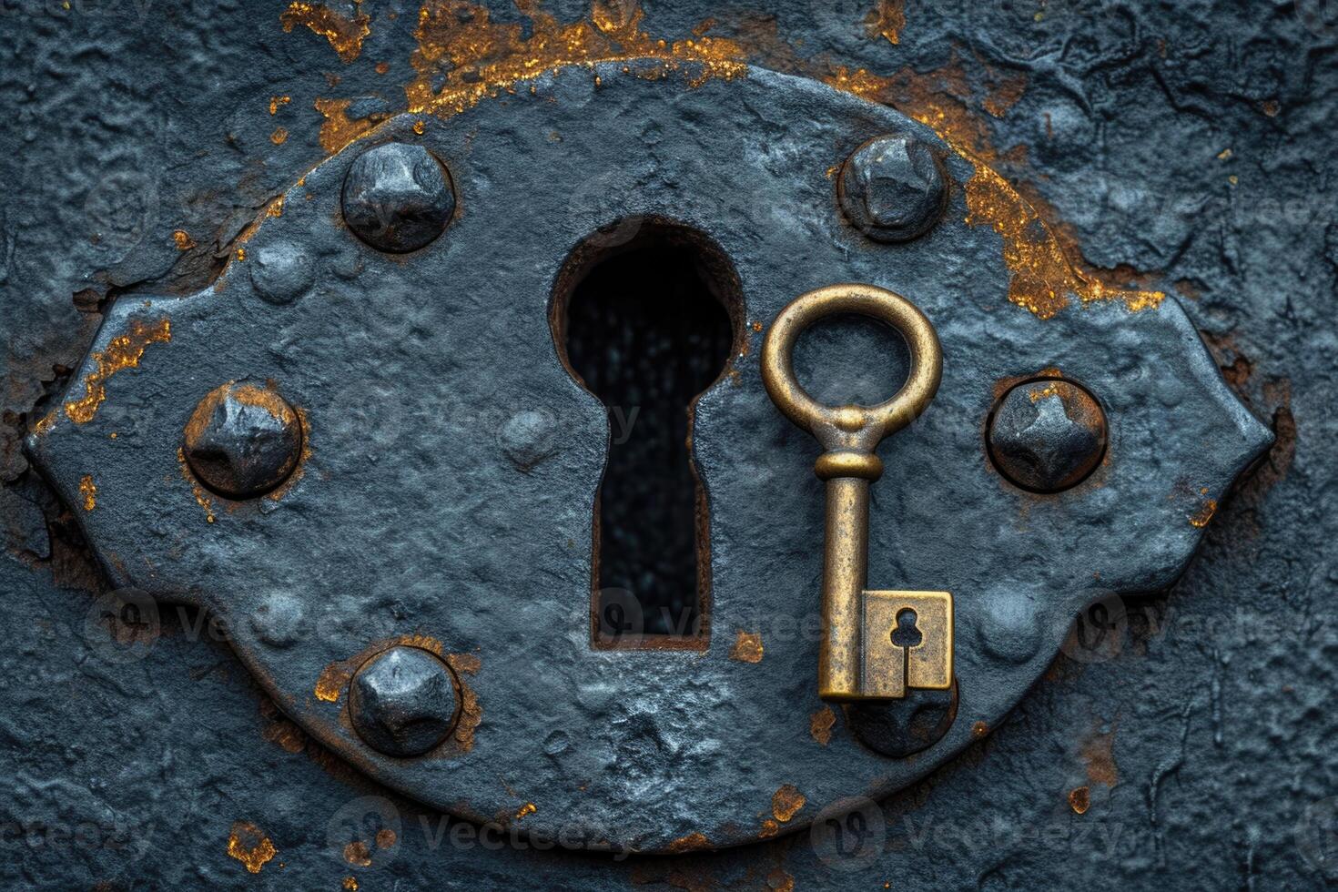 AI generated An old designer key with a lock decoration lies on a wooden background photo