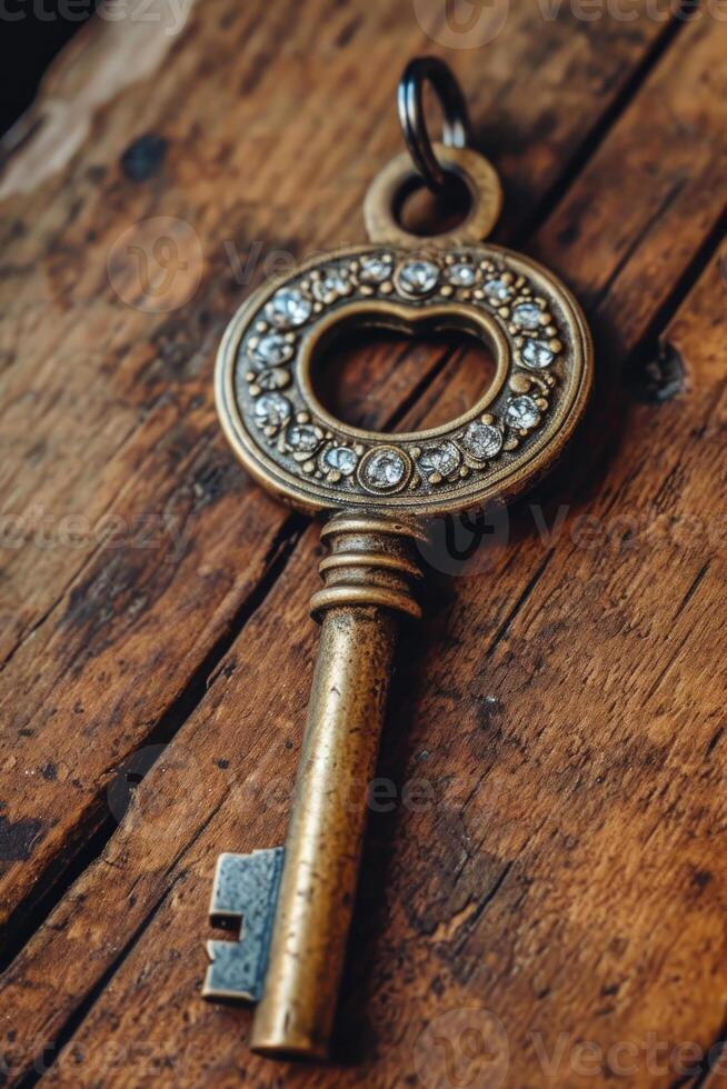 AI generated An old designer key with a lock decoration lies on a wooden background photo