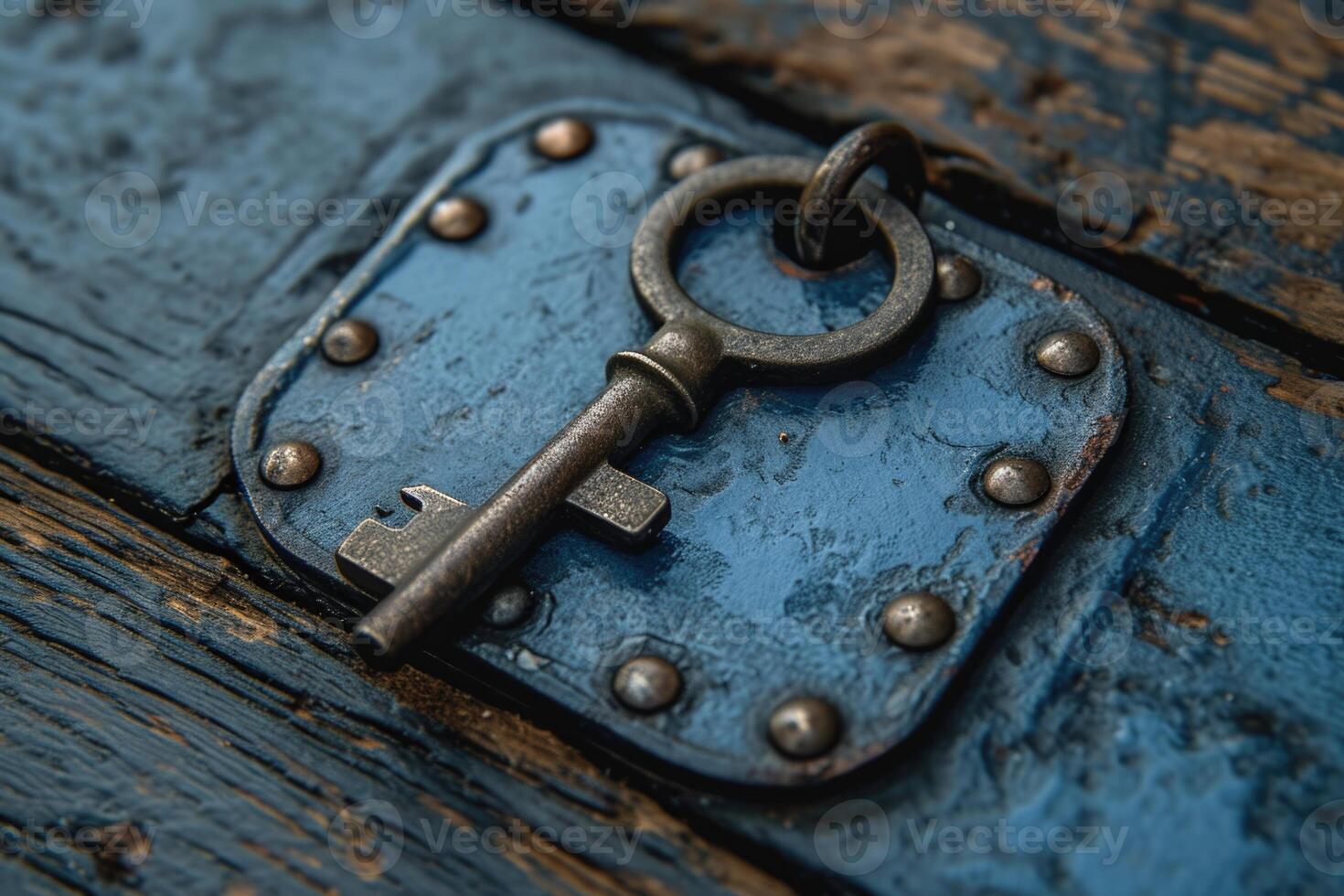 AI generated An old designer key with a lock decoration lies on a wooden background photo