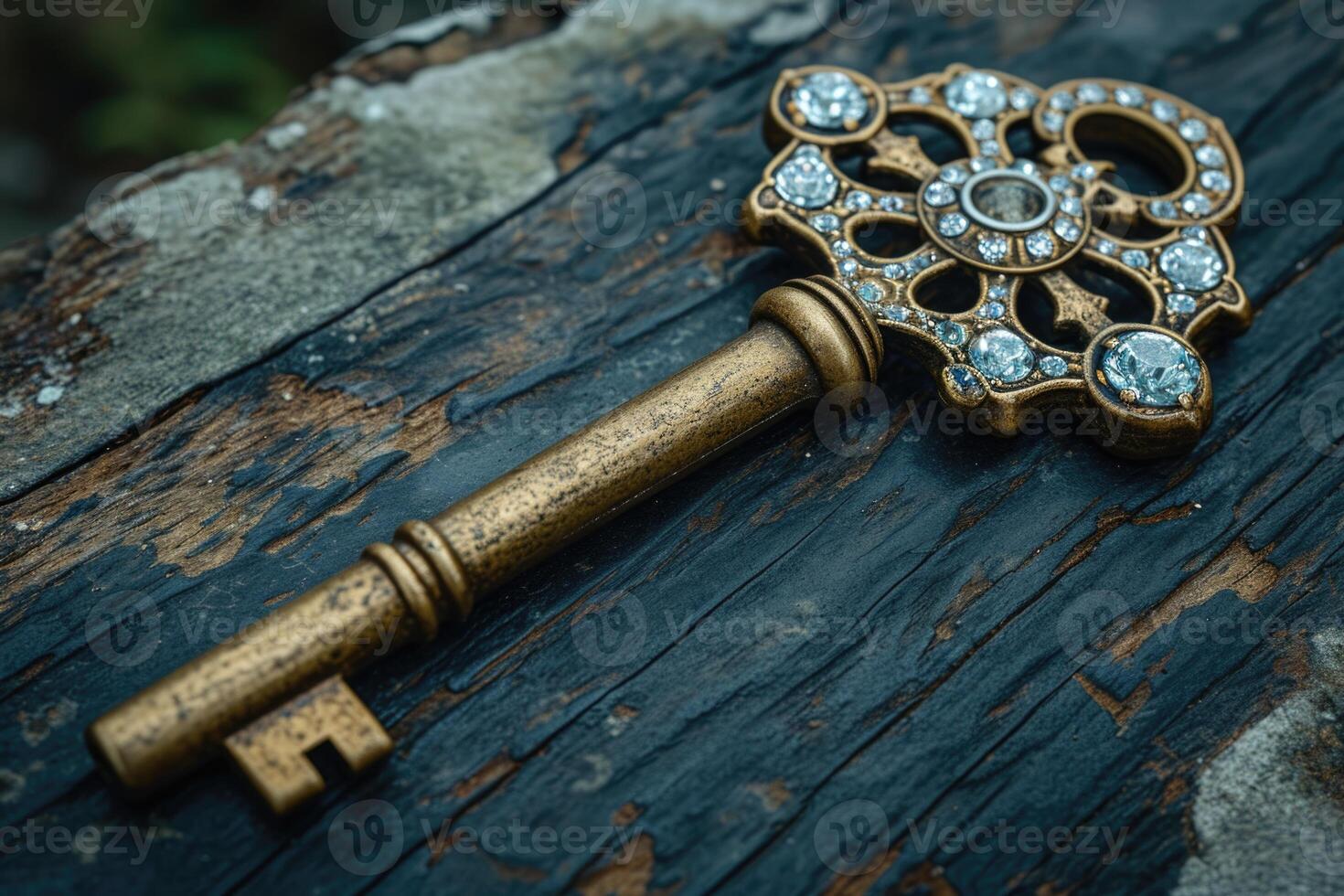 AI generated An old designer key with a lock decoration lies on a wooden background photo