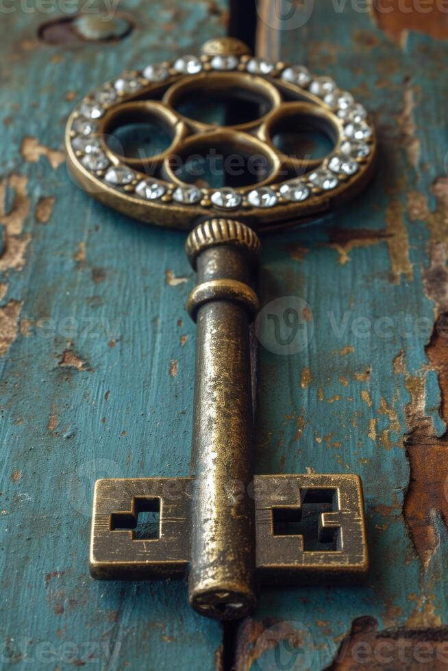 AI generated An old designer key with a lock decoration lies on a wooden background photo