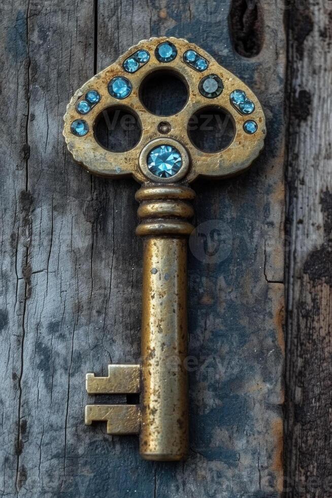 AI generated An old designer key with a lock decoration lies on a wooden background photo