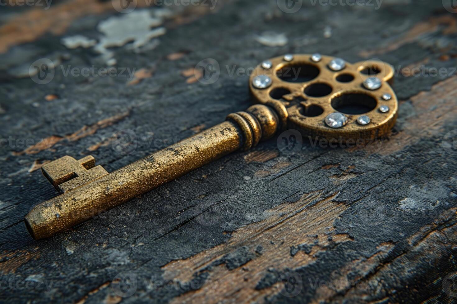 AI generated An old designer key with a lock decoration lies on a wooden background photo