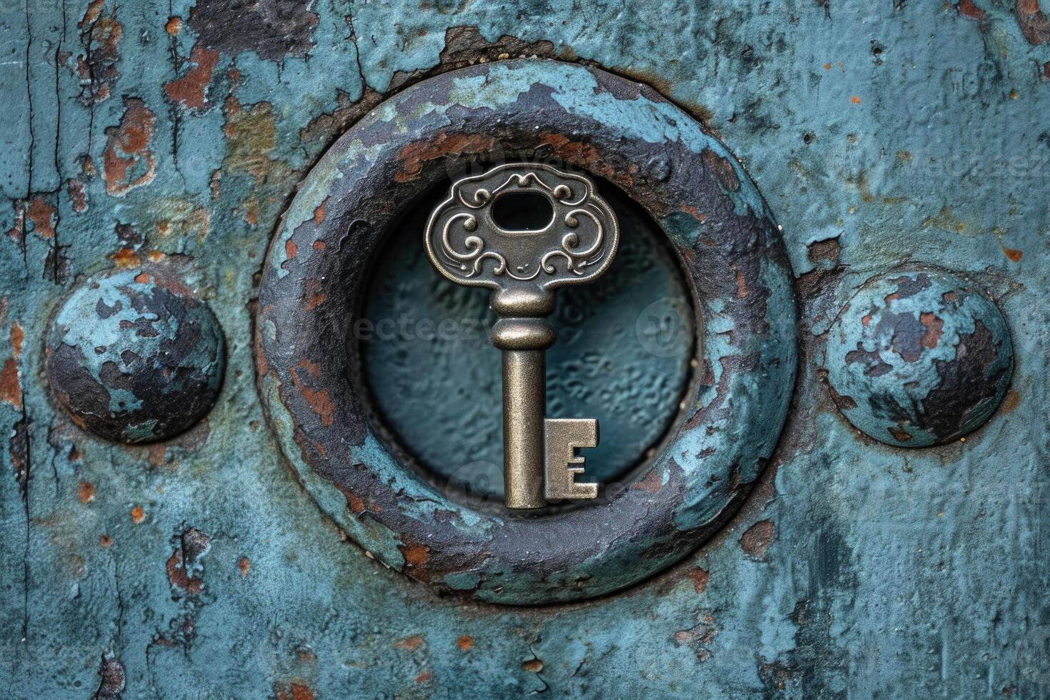 AI generated An old designer key with a lock decoration lies on a wooden background photo