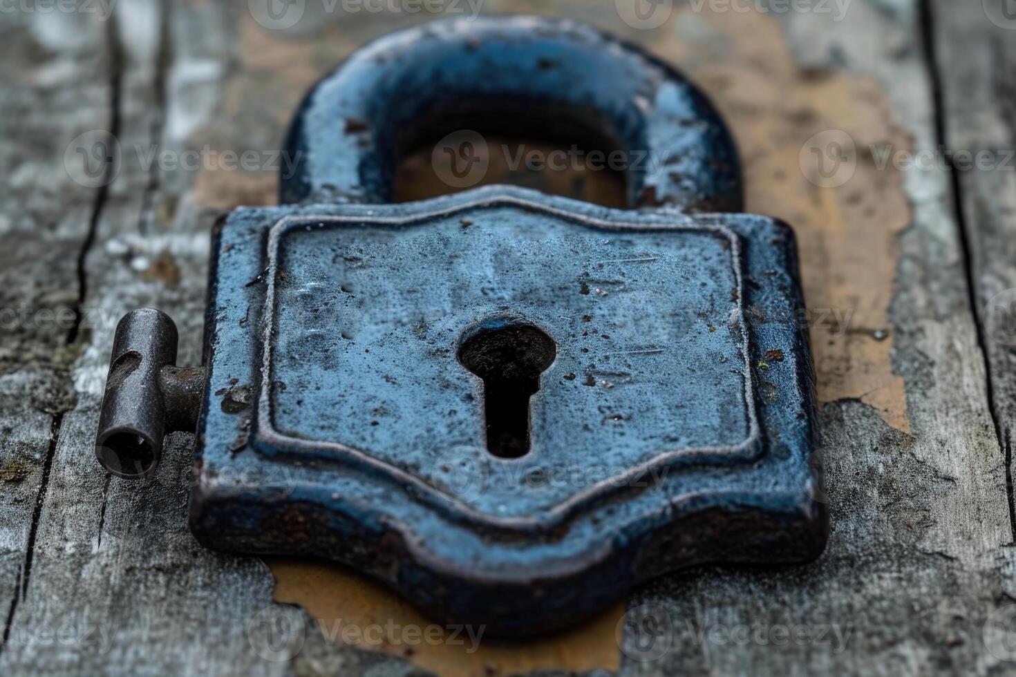 AI generated The barn padlock lies on a wooden surface photo