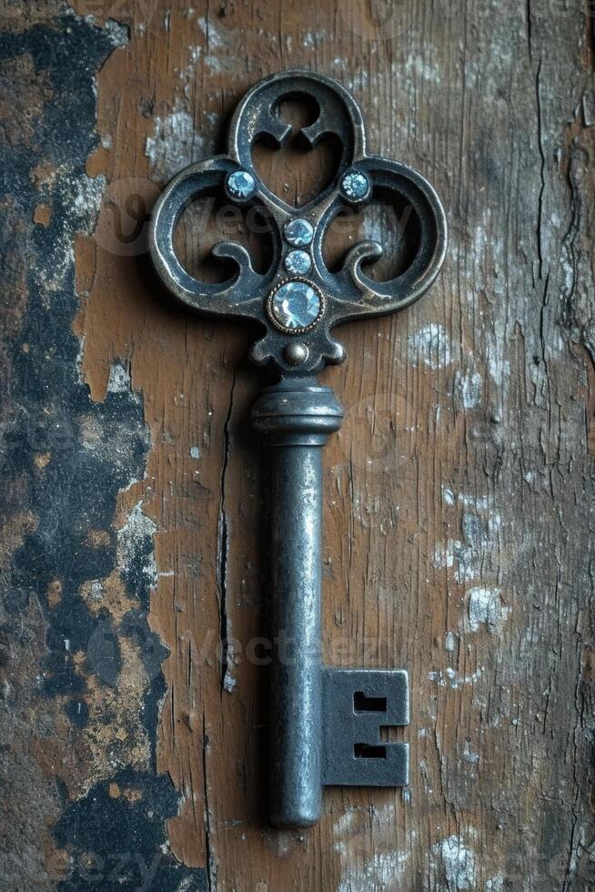 AI generated An old designer key with a lock decoration lies on a wooden background photo