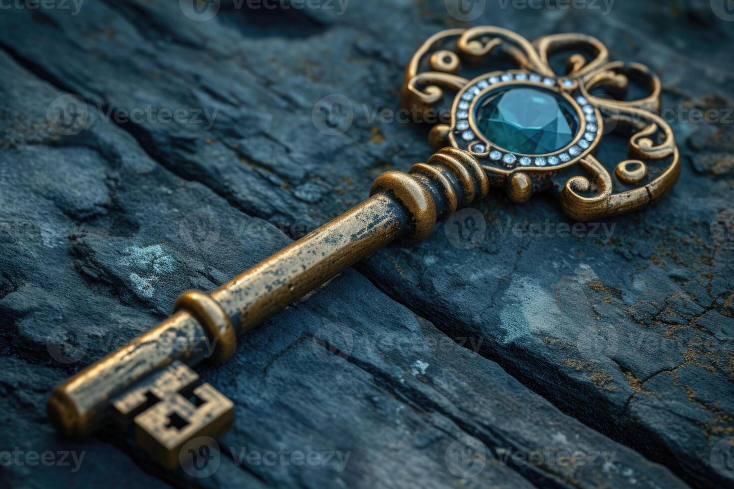 AI generated An old designer key with a lock decoration lies on a wooden background photo